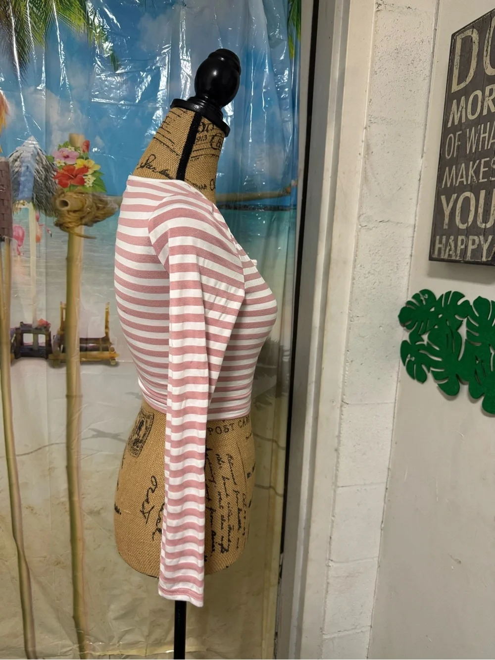 SHEIN Pink & White Striped V-Neck Long Sleeve Crop Top